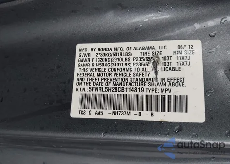 2012 Honda Odyssey Lx z USA, uszkodzony, nr VIN 5FNRL5H28CB114819